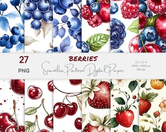 Watercolor Berries Seamless Pattern, Digital Paper (27 PNG)