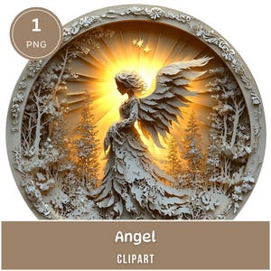 May include: A detailed paper cut illustration of an angel with large wings, standing in a forest scene with a bright light emanating from behind. The image is framed in a circular design with the text "Angel CLIPART".