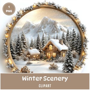 May include: A winter scene with two cozy cabins nestled in a snowy forest. The cabins have warm, glowing windows and are surrounded by tall, snow-covered pine trees. The scene is framed by a circular wooden frame with twinkling lights.