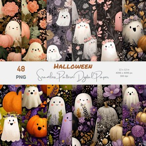 Pode incluir: Uma coleção de papéis digitais sem costura com tema de Halloween. Os designs apresentam fantasmas adoráveis com coroas de flores, abóboras e vários arranjos florais em tons de laranja, roxo e preto. O texto "Halloween Seamless Pattern Digital Paper" está incluído.