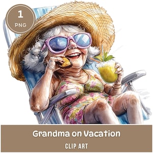 Heureuse grand-mère en vacances Clipart, 1 PNG, Summer Vibes, aquarelles pour autocollants, scrapbooking, cartes, tenue d'un journal, téléchargement numérique