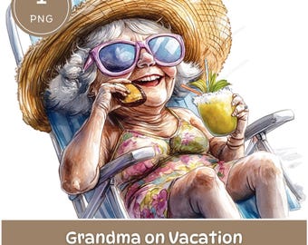 Grandma Beach Clipart: Watercolor Summer Vacation Graphics (PNG Digital Download)