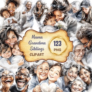 Paquete de imágenes prediseñadas del Día de la Madre, 123 PNG, mamá e hijos, varias edades, etnias, emociones, abuela caprichosa, hermanos, divertidos gráficos de acuarela