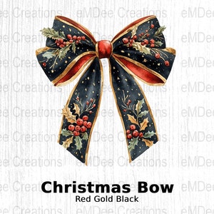 Clipart di fiocco di Natale, 1 PNG, nastro rosso e nero vintage, agrifoglio e bacche, acquerello Coquette, disegno a sublimazione, download digitale