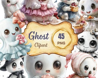 Watercolor Ghost Clipart Bundle: 45 PNG Halloween Images (Digital Download)