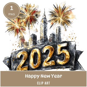 Gelukkig Nieuwjaar 2025 aquarel clipart, 1 png, zwart en goud, feest, vuurwerk, skyline, digitale download voor scrapbooking, stickers, shirt