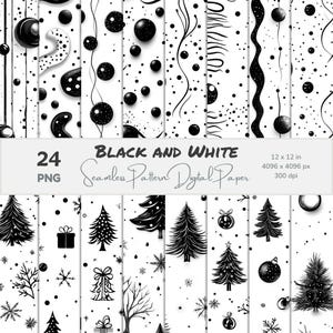 Könnte beinhalten: Ein Set digitaler Papiere mit 24 nahtlosen Mustern in Schwarz und Weiß. Die Designs umfassen abstrakte Formen, Punkte und weihnachtliche Elemente. Der Text "BLACK AND WHITE Seamless Pattern Digital Paper" ist enthalten.