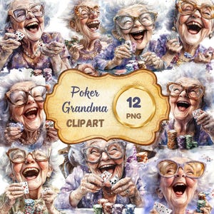 Lot de cliparts grand-mère au poker, 12 PNG, émotions heureuses, aquarelles pour autocollants, scrapbooking, cartes, tenue d'un journal, téléchargement numérique