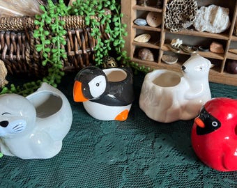 Small ceramic succulent animal planters - walrus, puffin, polar bear, cardinal