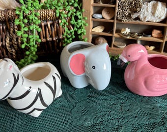 Small ceramic succulent animal planters - zebra, elephant, flamingo