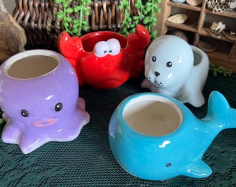 Small ceramic succulent animal planters - octopus, crab, whale, seal