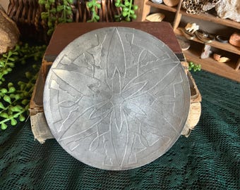 Vintage Handcrafted Pewter Bowl Plate, Brutalist Floral Starburst Dish, Mid Century Modern Metal Catchall Ring Dish