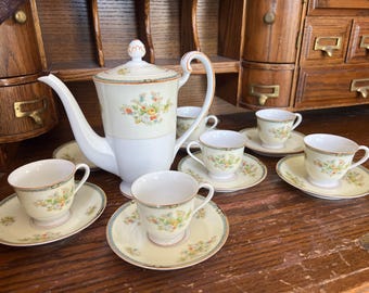 Noritake coffee pot / teapot, teacups, and saucer set (one missing cup)