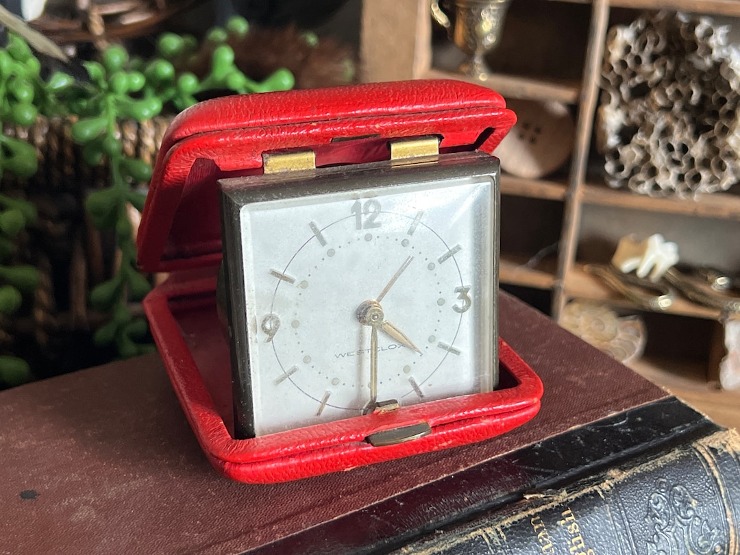 Vintage Westclox Folding Travel Alarm Clock With Red Leather Case