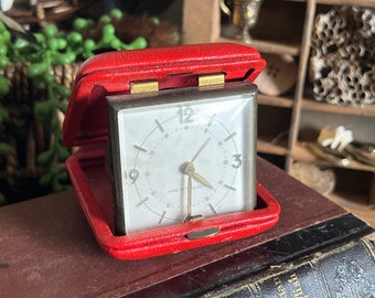 Vintage Westclox Folding Travel Alarm Clock With Red Leather Case