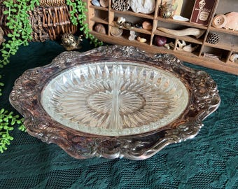 Vintage silver divided serving dish with glass insert