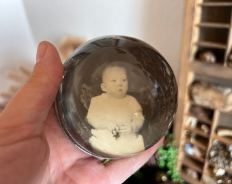 Vintage child photograph heavy glass paperweight