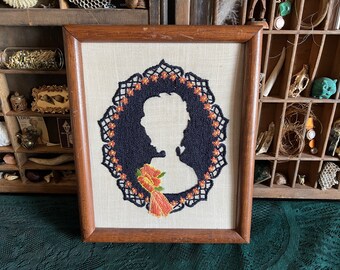 Vintage framed embroidery silhouette / wall art Victorian Regency Bridgerton decor