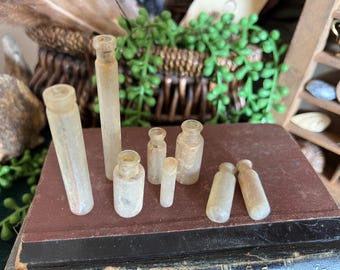 Set of 8 tiny antique glass flared lip vial bottles for medicine / pharmaceutical / apothecary / perfume