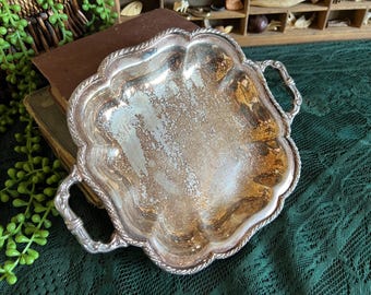 Vintage Silverplate Serving Bowl with Handles, Ornate Scalloped Vegetable Dish, Hollywood Regency Table Decor