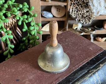 Vintage Brass Hand Bell with Wooden Handle, Small Teacher Bell, Rustic Cottage Decor, Desk or Dinner Bell