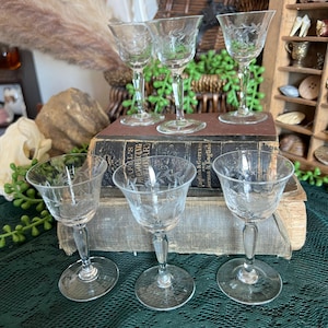 Set of 6 vintage etched glass cordial glasses