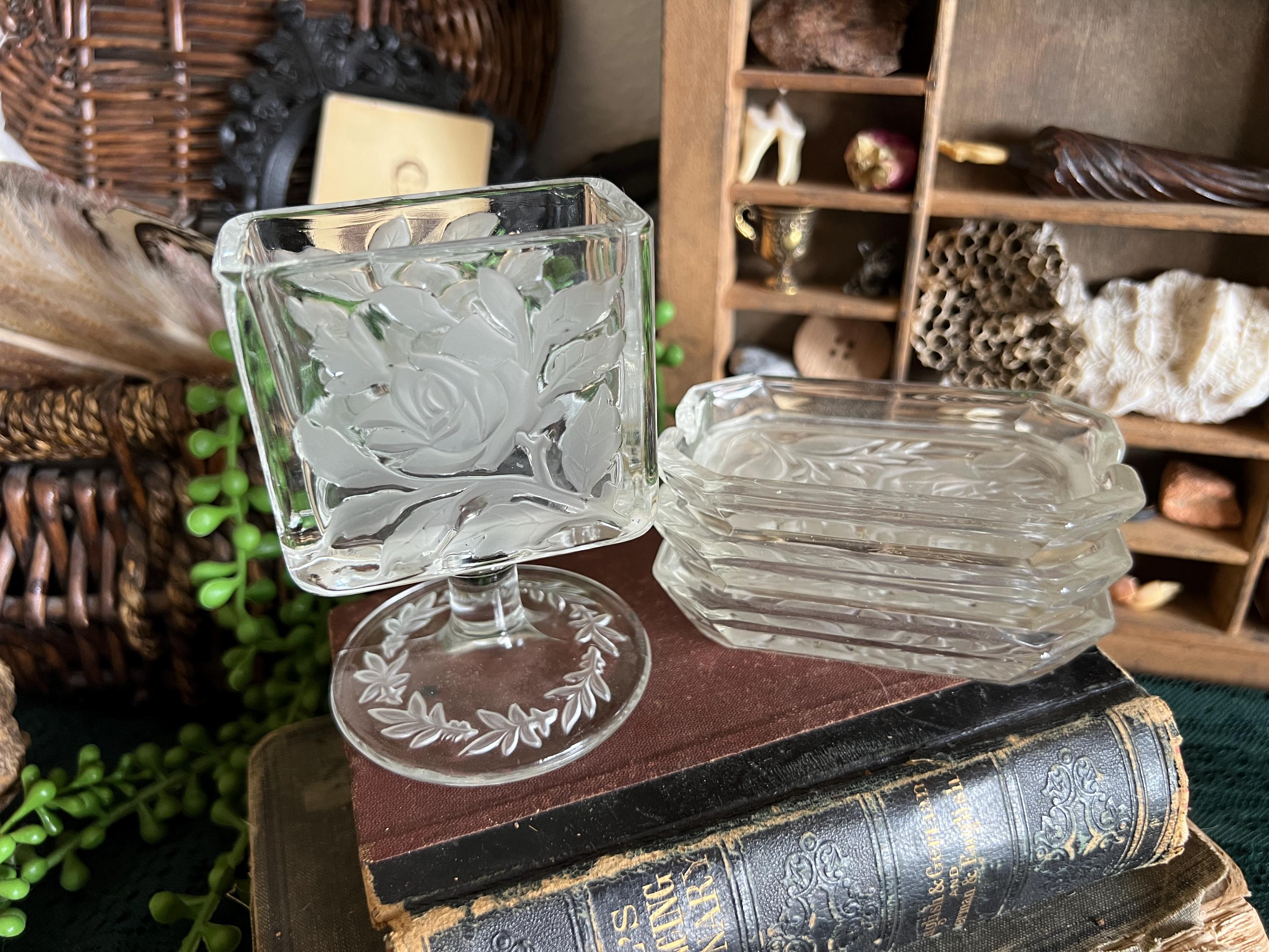 Vintage Glass Cigarette Holder and Set of 3 Ashtrays With Rose Motif