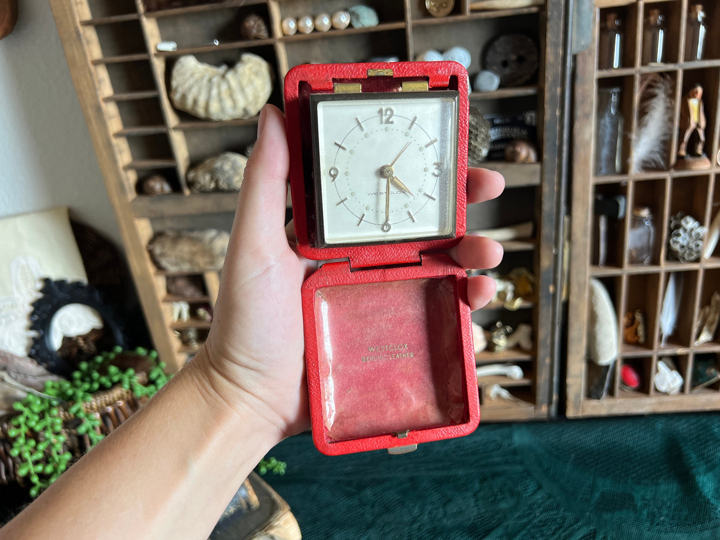 Vintage Westclox Folding Travel Alarm Clock With Red Leather Case