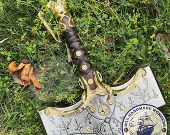 Norse Mythology Stainless Steel Hammer Prop, Engraved Viking Wood Handle Display Art