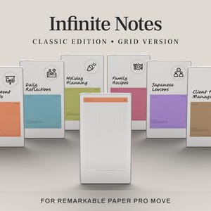 Könnte beinhalten: Ein digitales Notizbuch mit dem Text "Infinite Notes" und den Worten "Classic Edition Grid Version". Das Notizbuch hat einen weißen Rahmen und ein Rastermuster auf dem Bildschirm. Das Notizbuch ist von anderen Notizbüchern mit unterschiedlich farbigen Blöcken und Text umgeben.