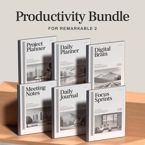 Op de afbeelding: Een verzameling van zes digitale planners voor Remarkable 2, gepresenteerd op een houten standaard. Elke planner heeft een witte omslag met een grijze rand en een unieke titel: Project Planner, Daily Planner, Digital Brain, Meeting Notes, Daily Journal en Focus Sprints. De tekst "Productivity Bundle" staat bovenaan.