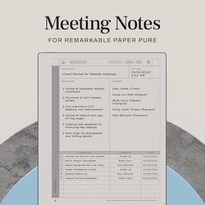 May include: A digital tablet displaying meeting notes for a website redesign. The text "Meeting Notes" and "FOR REMARKABLE PAPER PURE" are at the top. The notes include a client review, meeting agenda, and project details. The date and time are displayed.