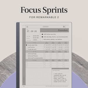 Peut inclure: Une tablette numérique affichant un modèle de productivité intitulé "Focus Sprints" pour Remarkable 2. Le modèle comprend un minuteur Pomodoro, des listes de tâches et une section pour les notes. L'écran affiche une date, une heure et une liste de tâches.