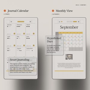 May include: Digital journal calendar with monthly and daily views. The journal calendar features a monthly view for September and a journal calendar view with months from January to September. The journal includes the text "Hyperlinked Days" and "Smart Journaling".