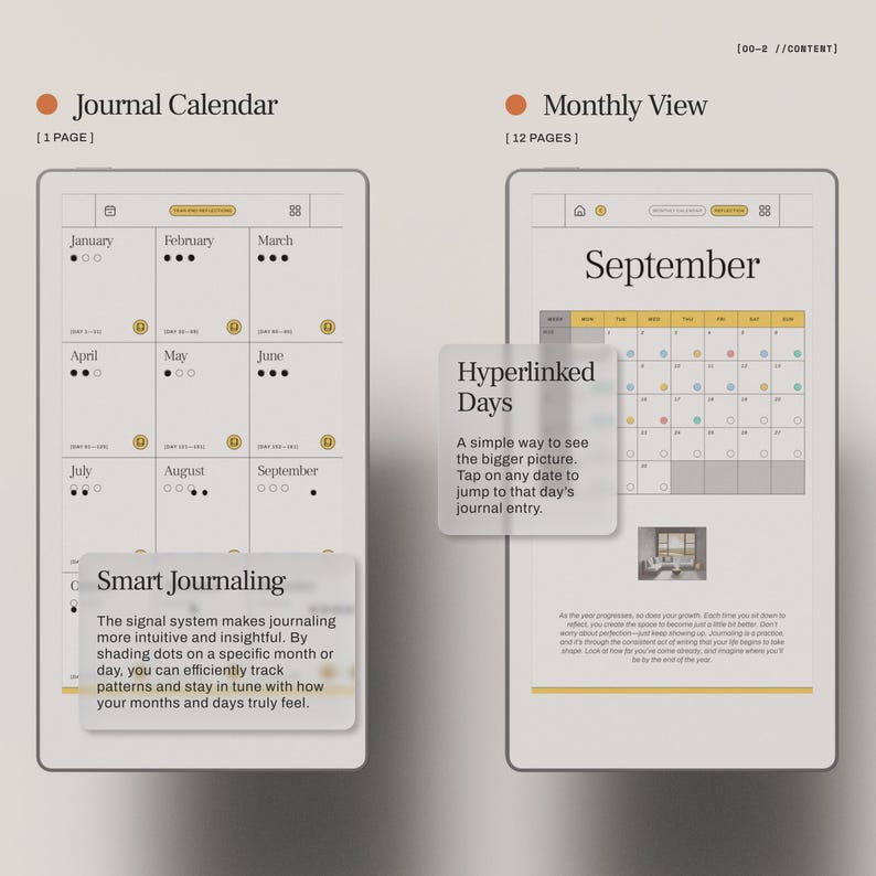 May include: Digital journal calendar with monthly and daily views. The journal calendar features a monthly view for September and a journal calendar view with months from January to September. The journal includes the text "Hyperlinked Days" and "Smart Journaling".