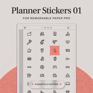 May include: A digital planner screen displays black and white icons, including a toothbrush, coffee cup, and shopping cart. The text "Planner Stickers 01" and "FOR REMARKABLE PAPER PRO" are at the top. The bottom of the screen has the text "ESSENTIALS EDITION".