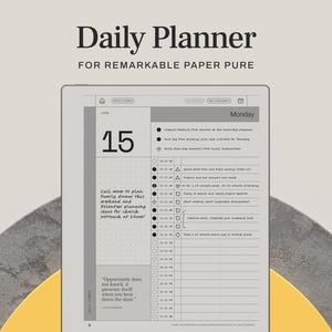 May include: A digital daily planner for Remarkable Paper Pure, featuring a detailed schedule for Monday, June 15th. The planner includes a to-do list, time slots, and the quote, "Opportunity does not knock, it presents itself when you beat down the door."