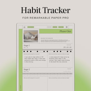 Könnte beinhalten: Digitaler Habit Tracker für Remarkable Paper Pro. Das Layout hat ein grün-weißes Design mit Abschnitten zur Gewohnheitsverfolgung. Der Text "Habit Tracker" und "Phase One" sind sichtbar. Enthält Abschnitte für tägliche Fortschritte und Notizen.