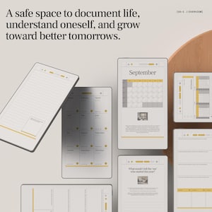 May include: Digital planner with a minimalist design. The image shows several tablets displaying calendar pages, notes, and prompts. The text reads "A safe space to document life, understand oneself, and grow toward better tomorrows."