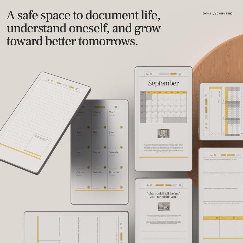 May include: Digital planner with a minimalist design. The image shows several tablets displaying calendar pages, notes, and prompts. The text reads "A safe space to document life, understand oneself, and grow toward better tomorrows."