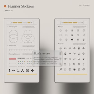 May include: Digital planner stickers with Venn diagrams, progress bars, emojis, and various objects. The stickers are ready-to-use and can be copied and pasted into any page. The text says "Planner Stickers" and "Ready-to-use".