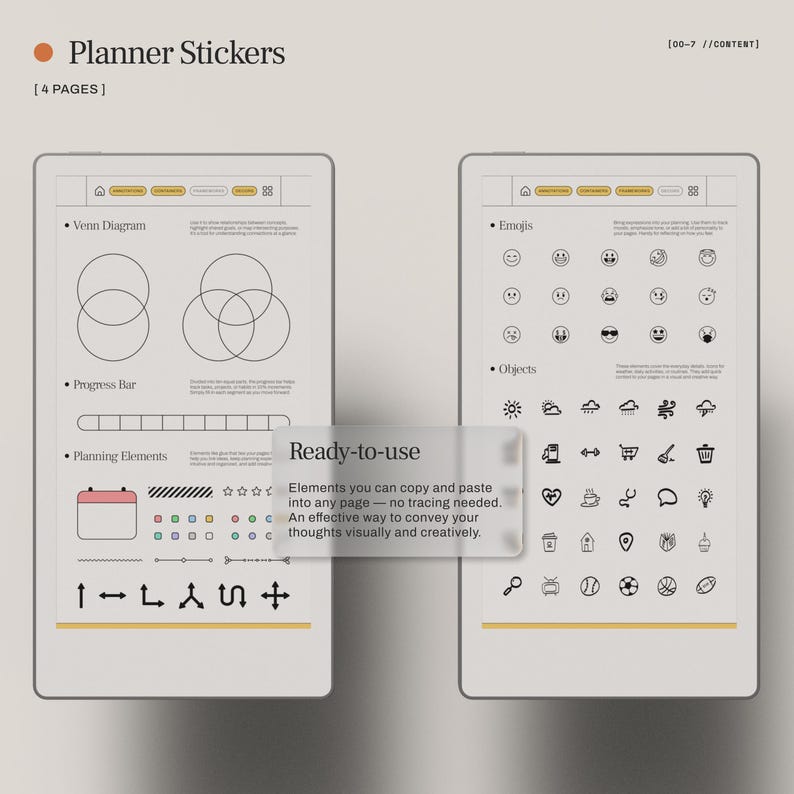 May include: Digital planner stickers with Venn diagrams, progress bars, emojis, and various objects. The stickers are ready-to-use and can be copied and pasted into any page. The text says "Planner Stickers" and "Ready-to-use".