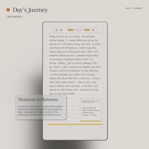 May include: A digital tablet displaying handwritten text titled "Day's Journey" with the text "Moments in Between." The tablet shows a journal entry and a section for daily reflections. The text includes the phrase "Ten minutes of quiet during lunch without any screens or noise!"