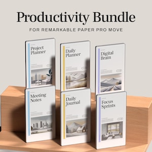 May include: A collection of digital planners, including a project planner, daily planner, and digital brain, displayed on a wooden stand. The text "Productivity Bundle" is at the top, with the words "FOR REMARKABLE PAPER PRO MOVE" below it.