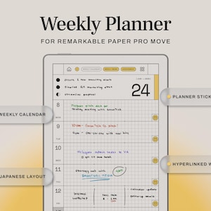 May include: Digital weekly planner for Remarkable Paper Pro Move. The planner has a grid layout with sections for daily tasks and notes. Includes planner stickers and hyperlinked weeks. The text on the image says "Weekly Planner".