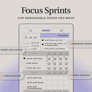 Focus Sprint Tool for reMarkable Paper Pro Move | Pomodoro Planner Template and Custom Task Time Blocking Tool