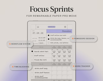 Focus Sprint Tool for reMarkable Paper Pro Move | Pomodoro Planner Template and Custom Task Time Blocking Tool