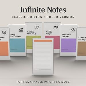 Peut inclure: Image d'un bloc-notes numérique avec le texte "Infinite Notes" et "Classic Edition - Ruled Version". L'image présente plusieurs blocs-notes numériques avec des sections colorées et des titres tels que "Investment Portfolio" et "Daily Reflections".
