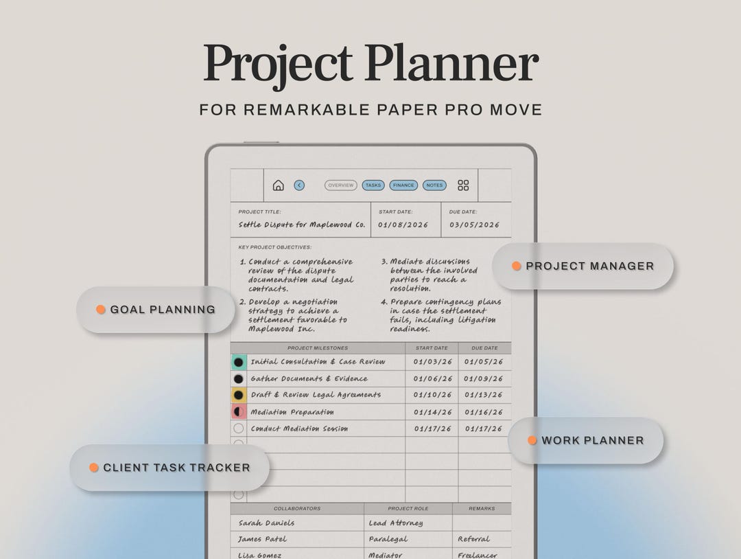 Project Planner for Remarkable Paper Pro Move | Hyperlinked Template ...
