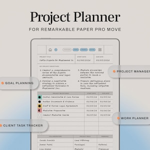 Puede incluir: Un planificador de proyectos digital para Remarkable Paper Pro Move. La pantalla muestra detalles del proyecto, incluyendo fechas de inicio y finalización, objetivos clave e hitos. Las etiquetas resaltan la planificación de objetivos, el seguimiento de tareas del cliente, la gestión de proyectos y la planificación del trabajo.